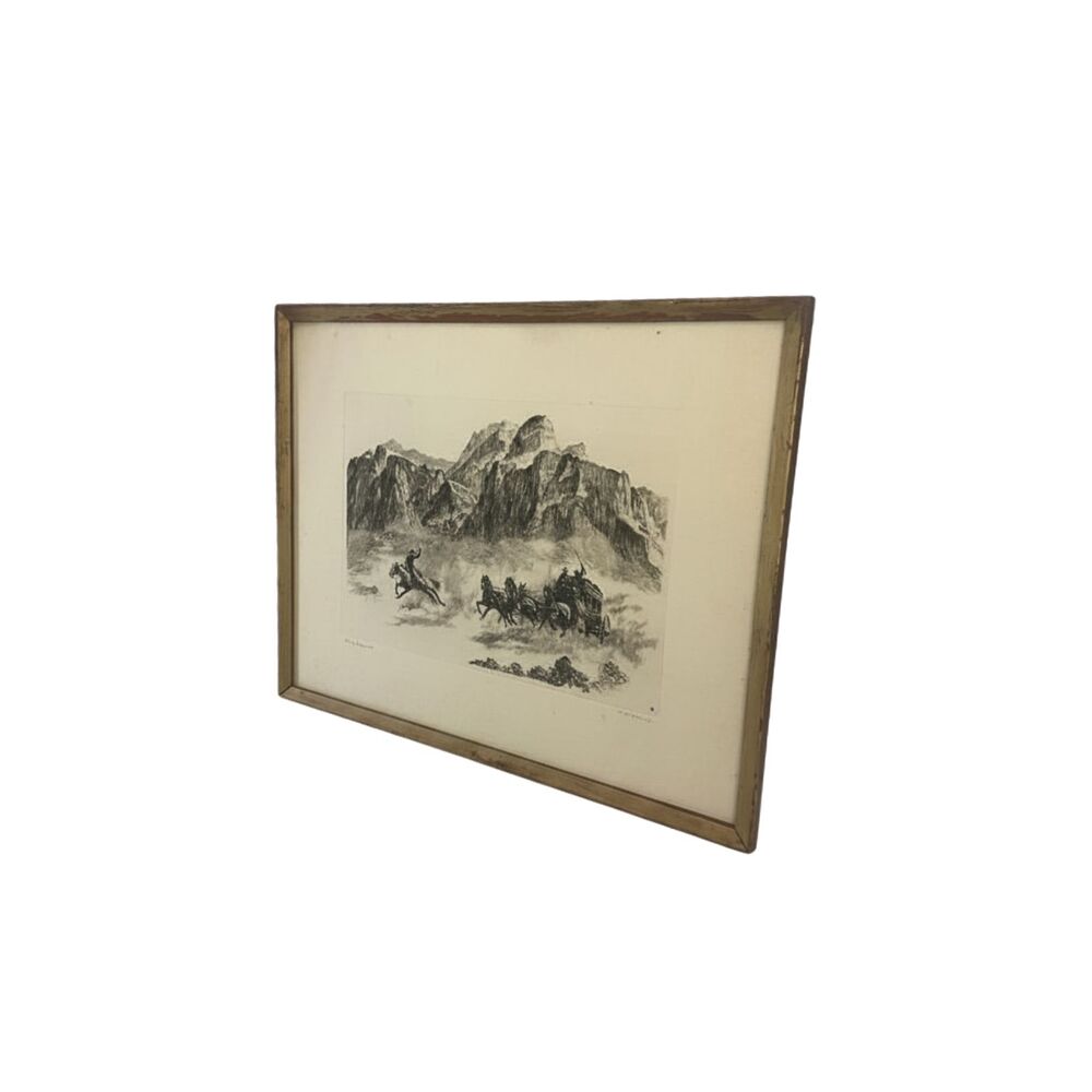 R.H. Palenske Signed Pony Express Drypoint Print Framed Matted Western Art